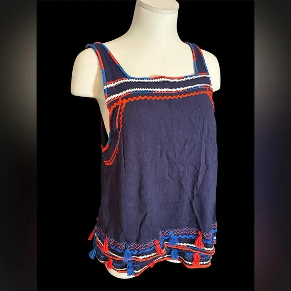 Anthropologie Palos Verdes Tasseled Tank Navy and Red - size 16 - Picture 4 of 8